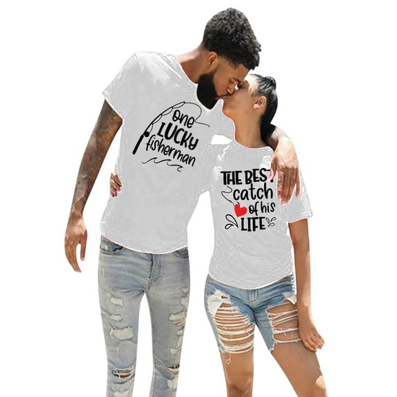 Edvintorg Valentine's Day Couple Matching Shirts Men Casual Short Sleeve Crewneak T-Shirt Streetwear Love Letter Print Solid Color Tops White S