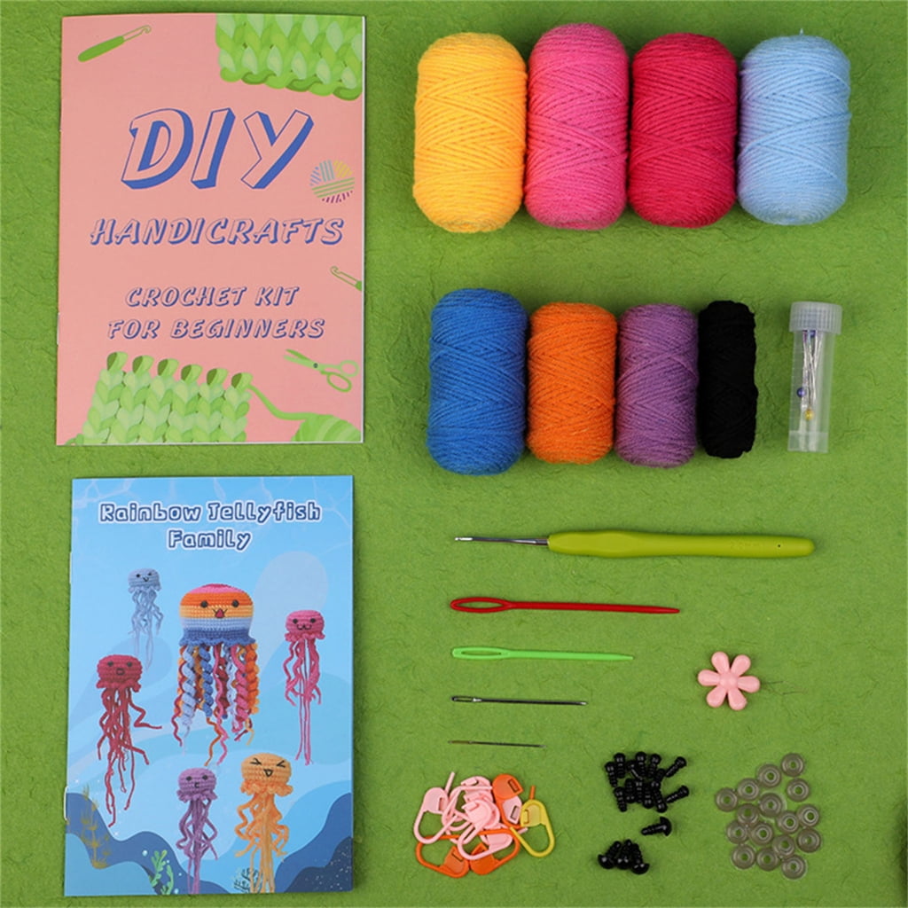 DIY Crochet Starter, DIY Jellyfish Crochet Kits Including Crochet Hook, Yarns, Needle, Plastic Eyes, Needle Threader