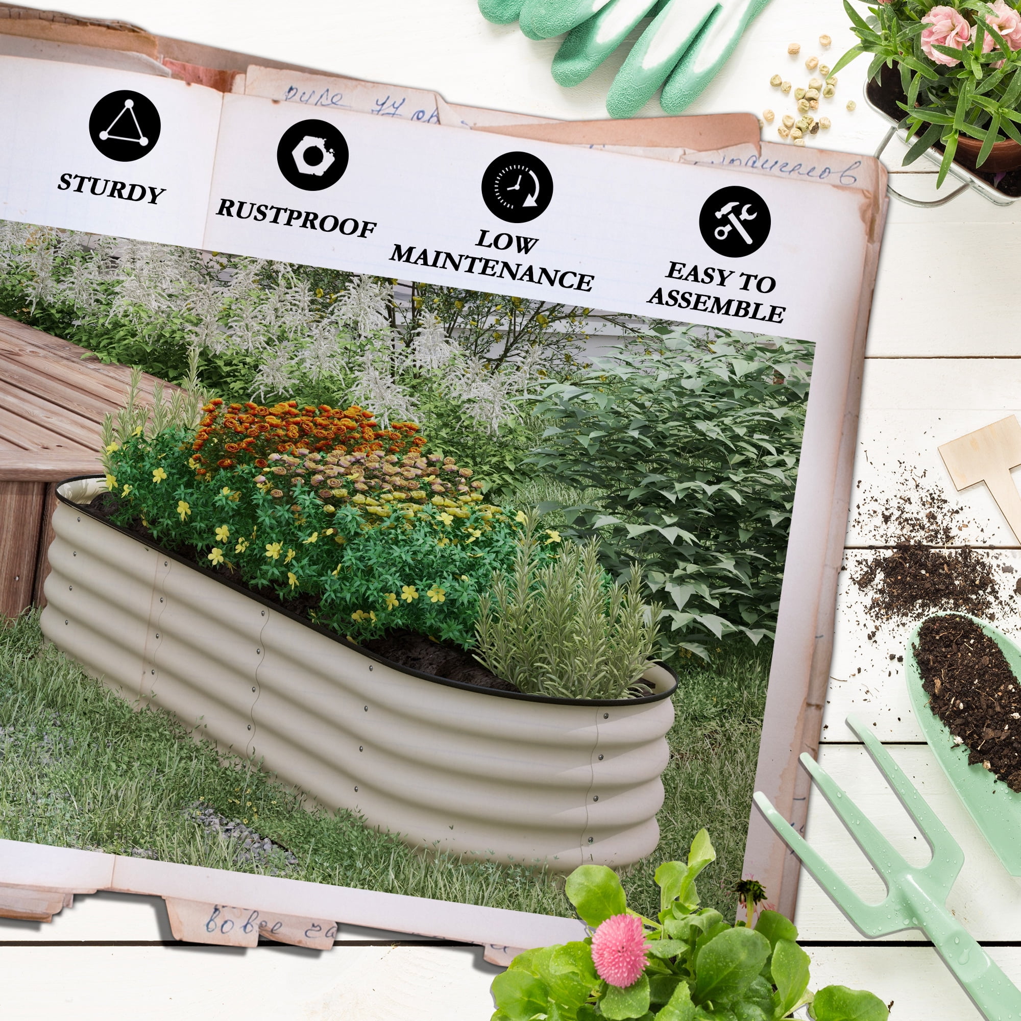 Garden Pots Outsunny 6.5' x 2' x 1.4' Galvanized Raised Garden Bed Kit, Outdoor Metal Elevated Planter Box with Safety Edging, Easy DIY Stock Tank for Growing Flowers, Herbs & Vegetables, Cream,Outd