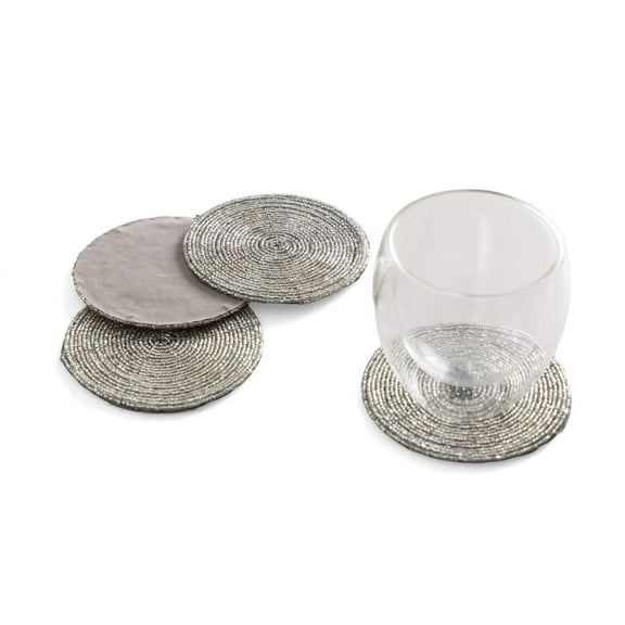 Glass Beaded Coaster in Silver, Set of 4