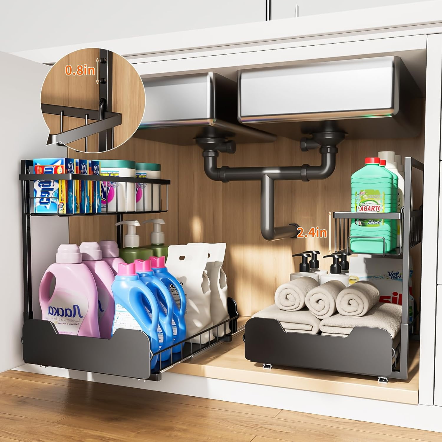 Under Sink Organizer, 2-Tier L-Shaped Pull Out Cabinet Shelf with 2 Installation Methods, Adjustable Sliding Storage Drawer for Kitchen, Bathroom, Laundry, Metal, Black