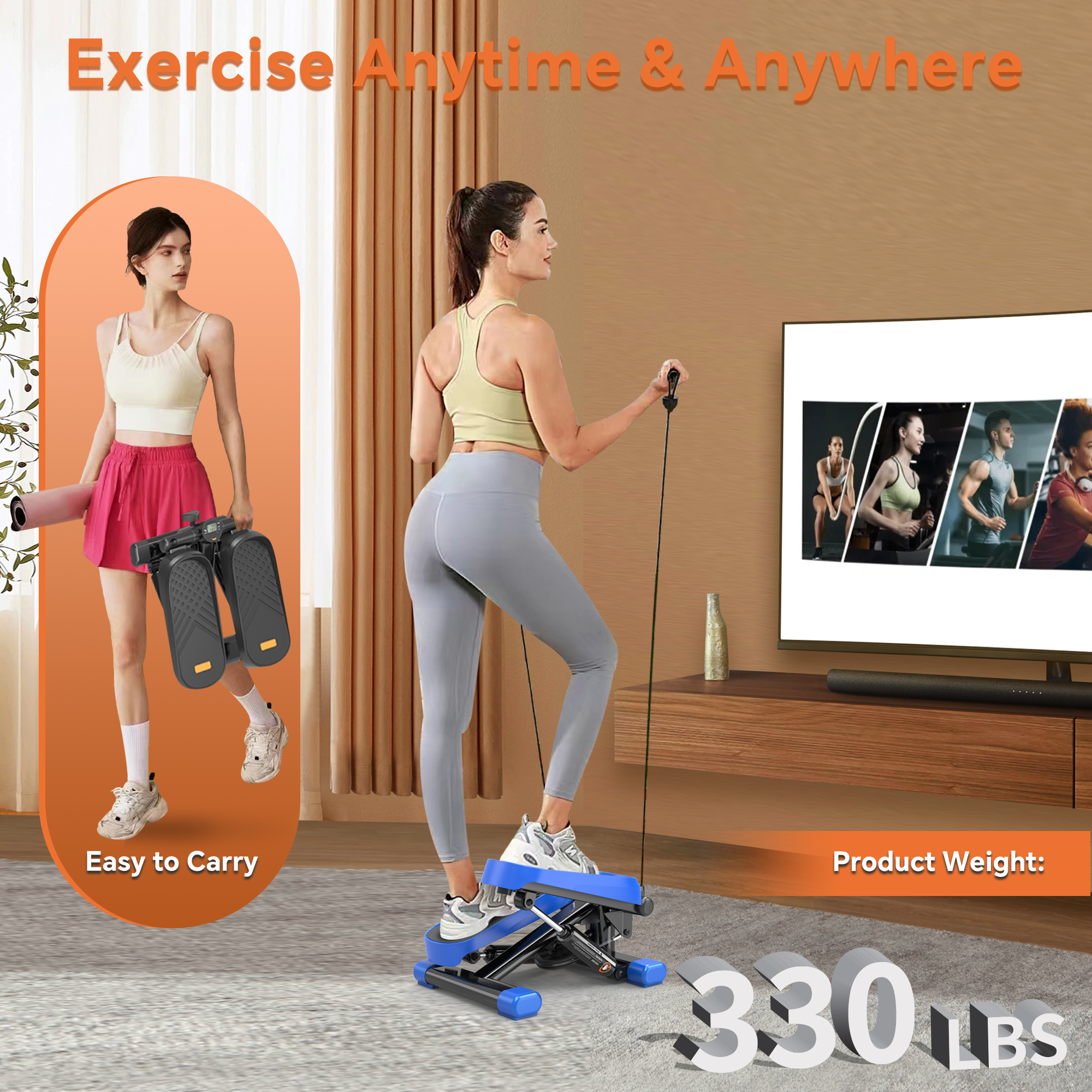 Mini Steppers for Exercise, Stair Stepper for Home with Resistance Bands Stepper with LCD Monitor, Black+Blue
