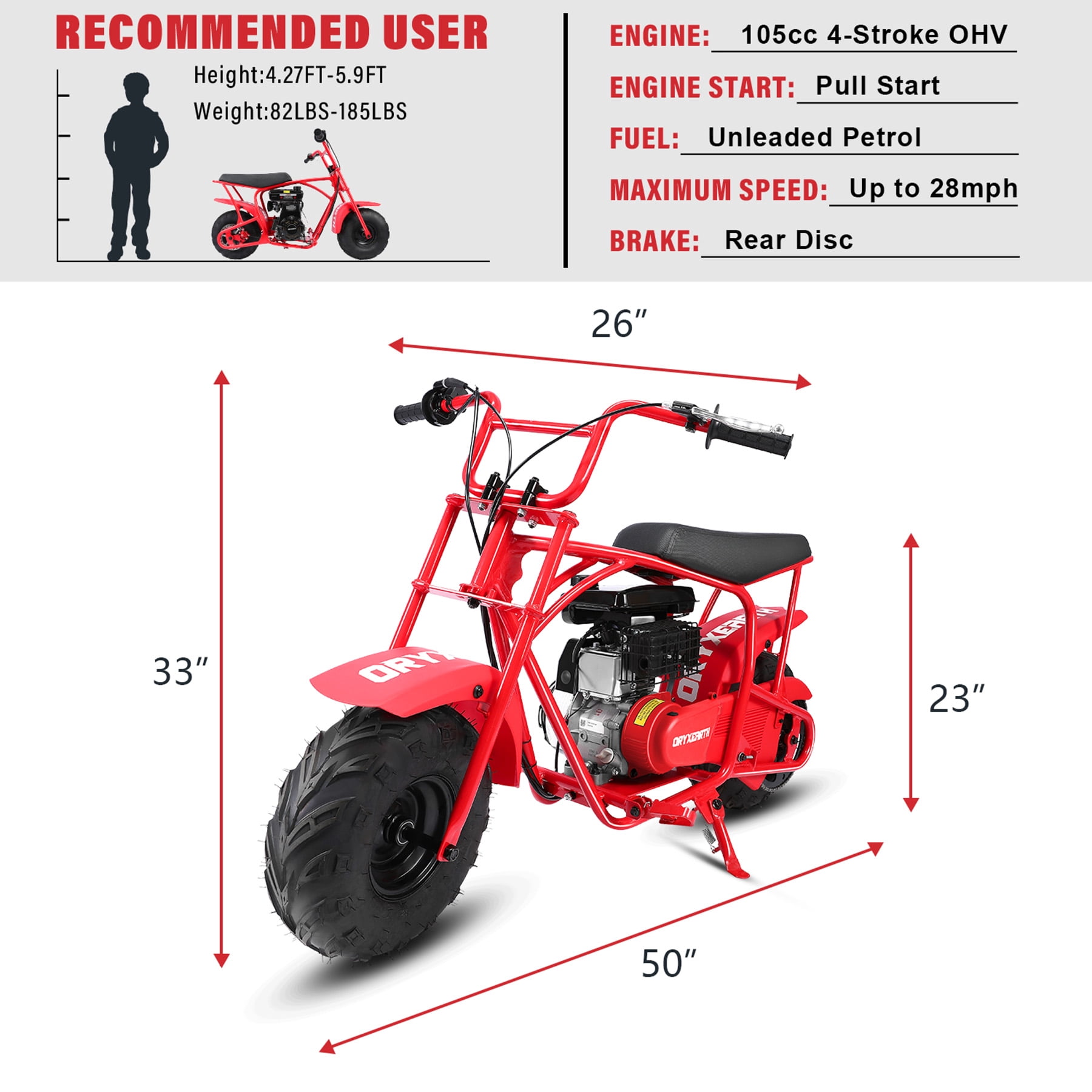 Oryxearth OGM105 Basic 4-Stroke Mini Bike, 105CC Gas Powered Dirt Bike,Off-Road Trail for Adult, up to 28 Mph, Red