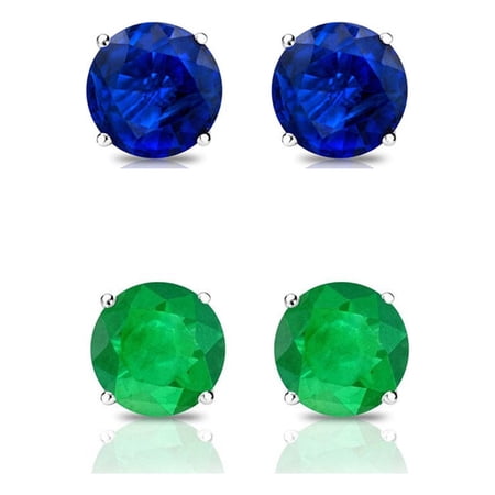 Paris Jewelry 24k White Gold 1/2Ct Created Blue Sapphire and Emerald 2 Pair Round Stud Earrings Plated