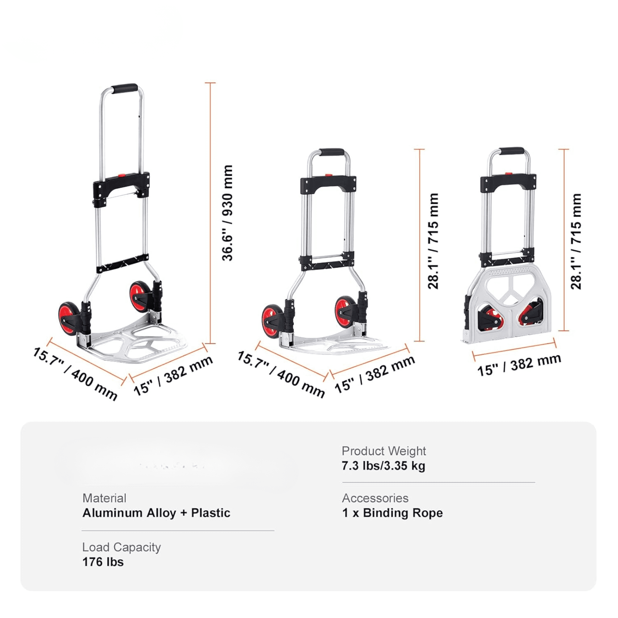 Folding Hand Truck and Dolly, Heavy-Duty Aluminum Foldable Cart with Telescoping Handle and PP+TPR Wheels, 176 lbs Capacity for Home, Office, Shopping, and Travel