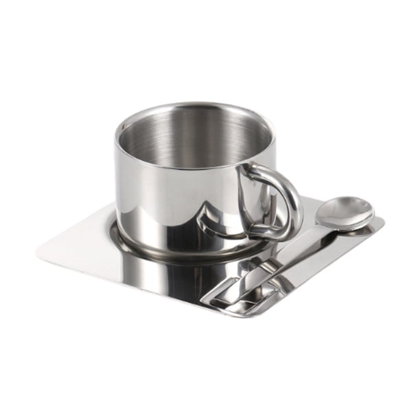Taza de café Juego con plato y tazas de leche de cuchara de acero inoxidable taza de té portátil de metal portátil para restaurante en casa de cocina