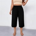 thumbnail image 6 of Women's Plus Size Wide Leg Pants with Pockets, Mid Elastic Waist Loose Fit, Solid Color Drawstring, Summer Casual Beach Business, Capri Pants Cropped | VerBelle,Black L, 6 of 8