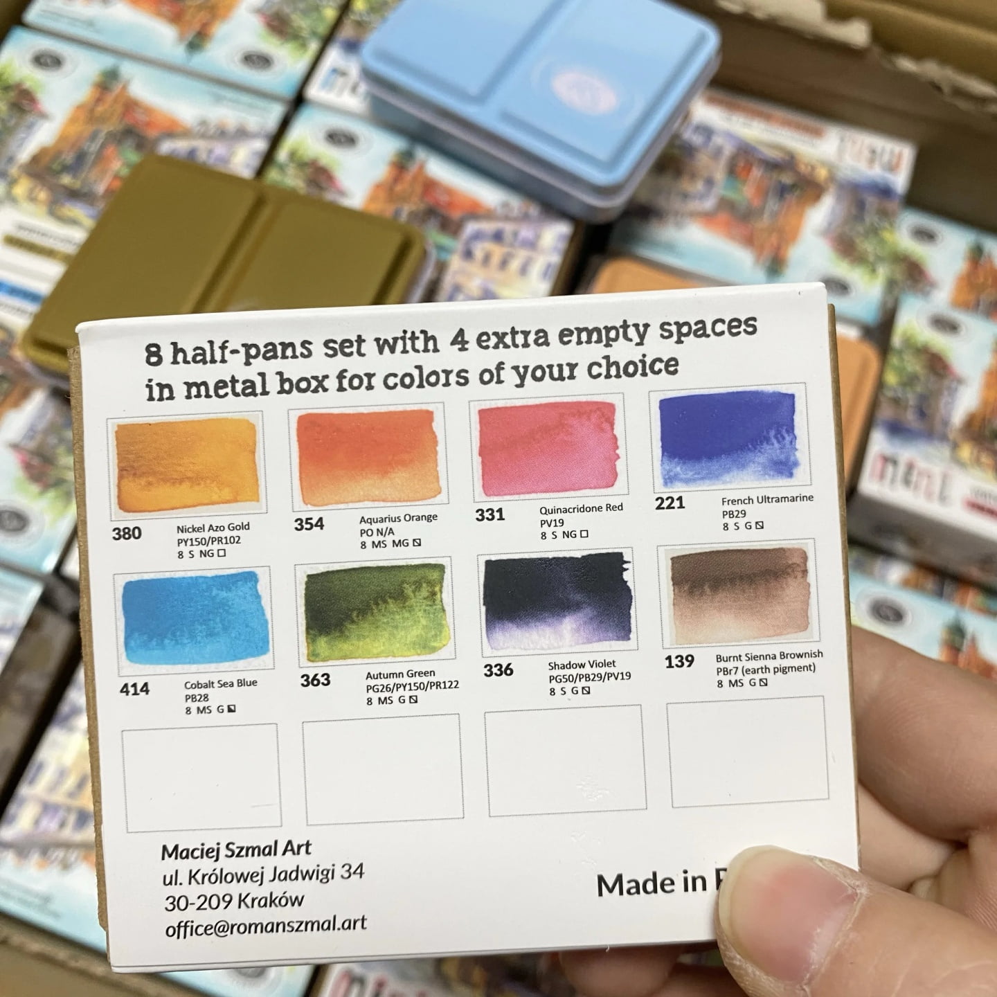 Roman Szmal Artists Watercolors Set 8 Half Pans Mini Metal Pink Box, Portable Watercolor Paints for Adults & Artist