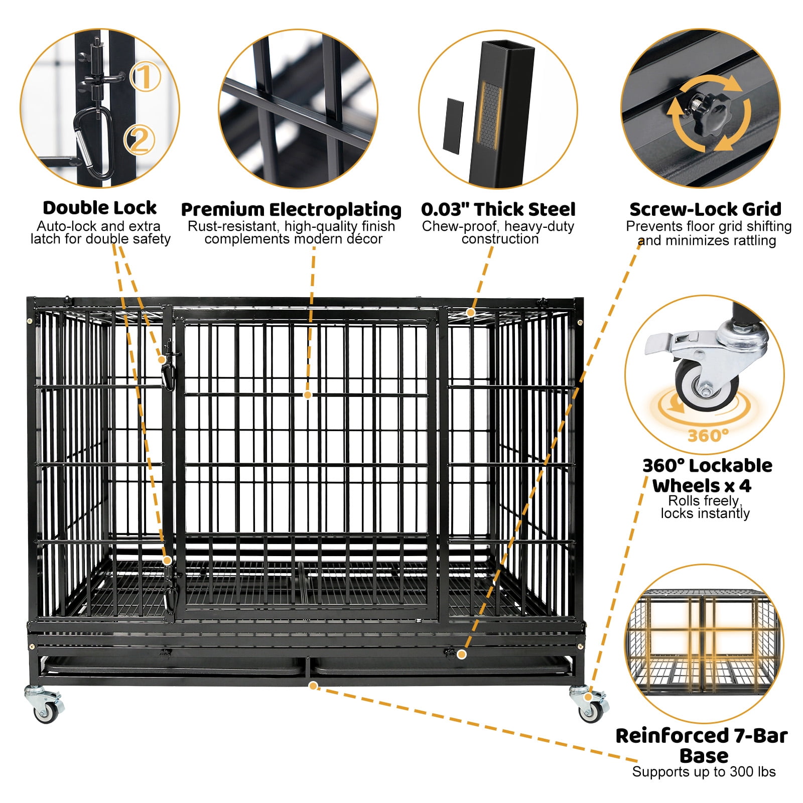 47 Inch Heavy Duty Large Dog Crate, Stackable Indestructible Big Cage for High Anxiety Dogs, Escape Proof XL Dog Kennel Indoor with Auto Locks, No-Noise Grid, Dual Trays, 360° Wheels(2 Tier)