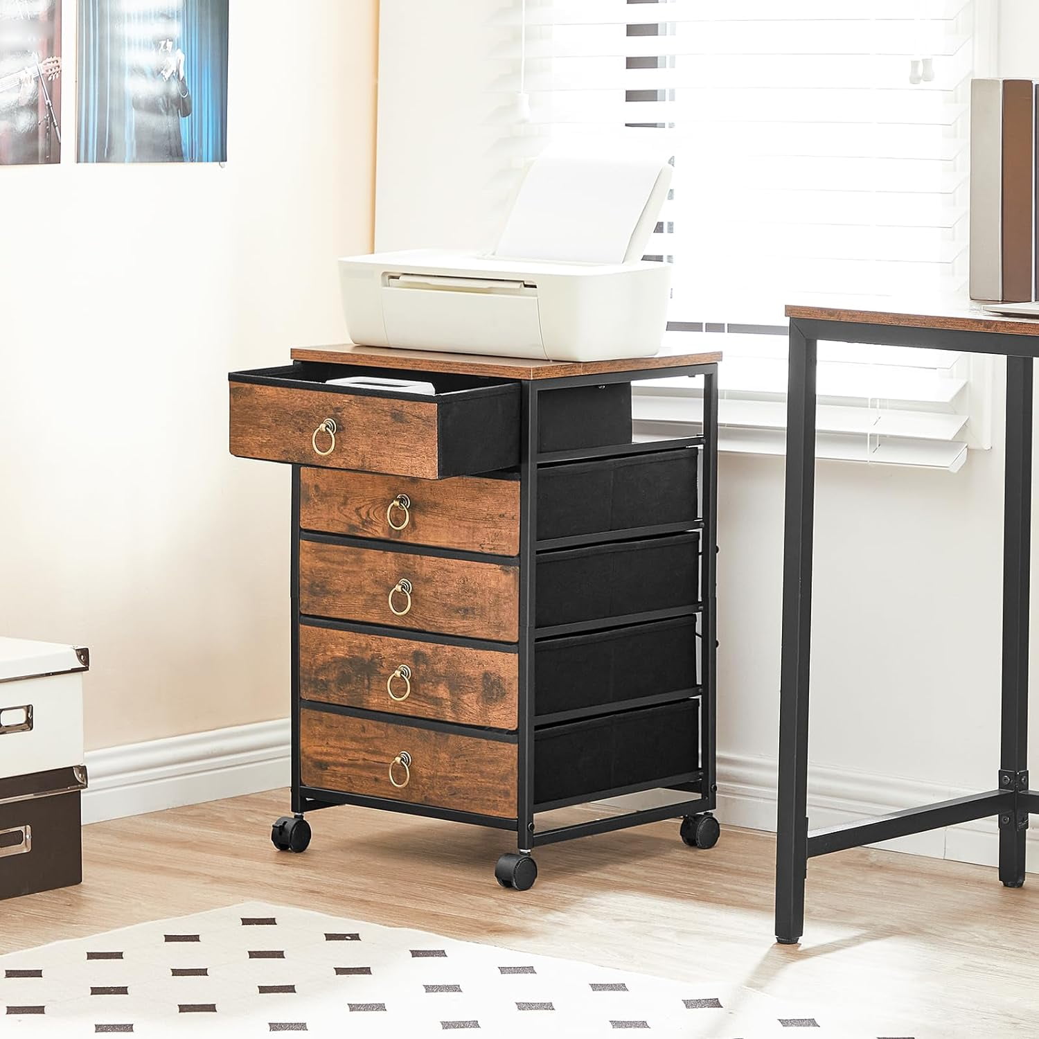 5-Drawer Chest, File Cabinet, Office Cabinet with Drawers, Rolling Printer Stand, Filing Cabinet for Living Room, Home Office, Nonwovens Drawer, Easy Assembly, Rustic Brown