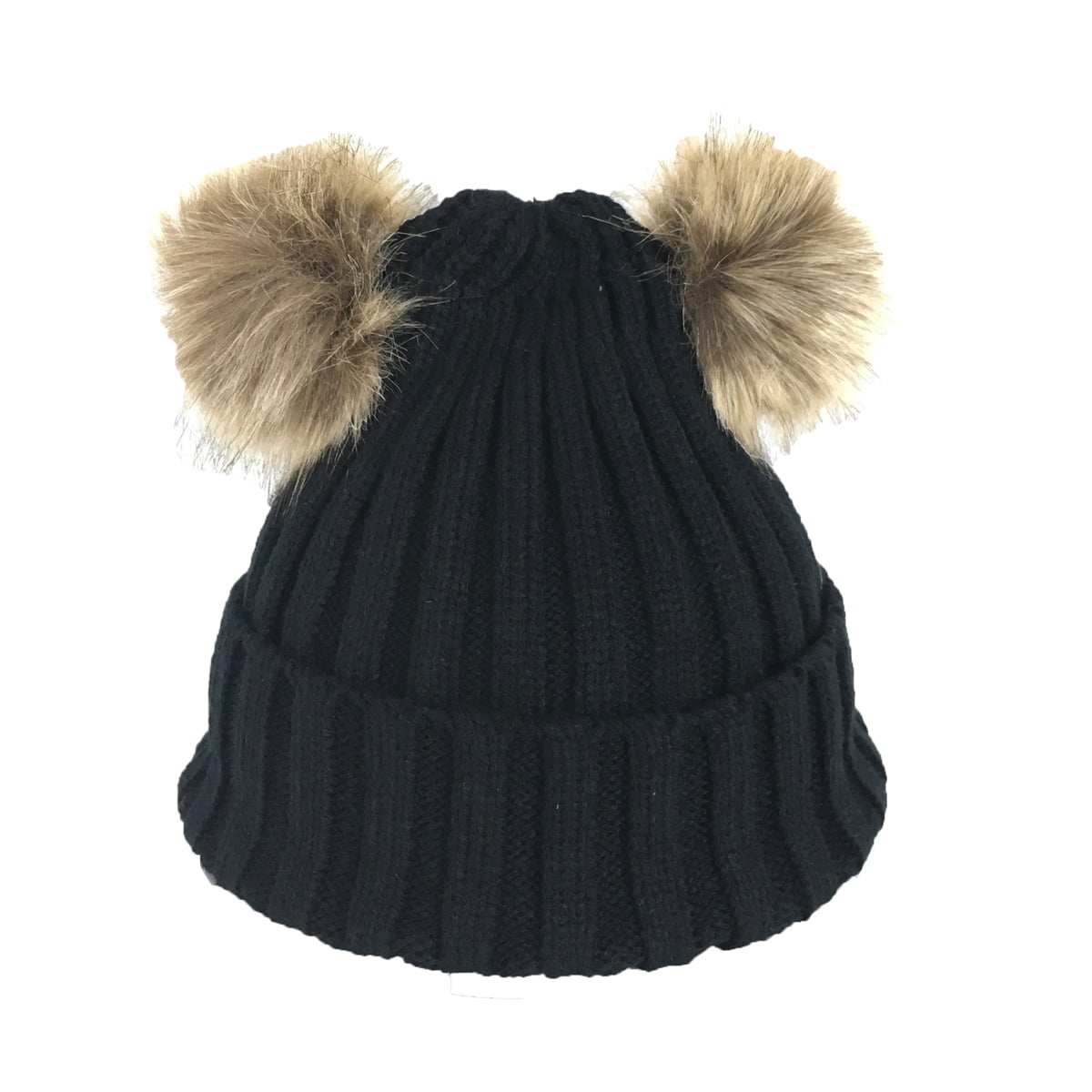 Fashion Culture Double Pom Pom Beanie Hat, Black