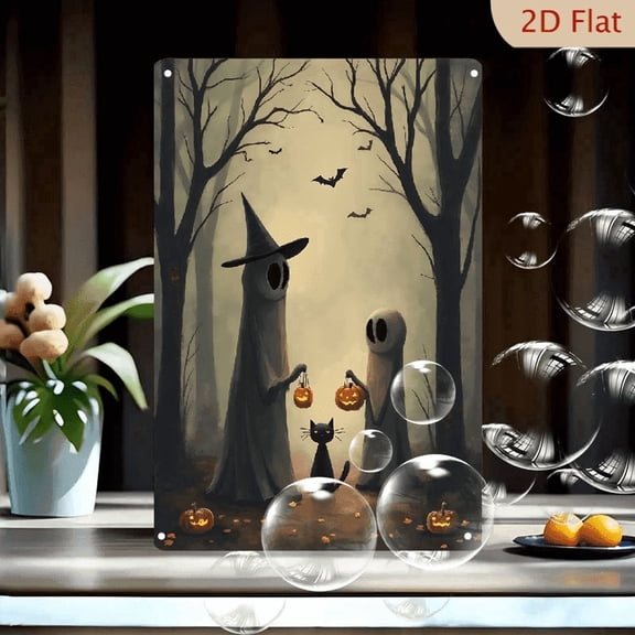 1pc Metal Wall Sign, 8x12 Inches, Halloween Spooky Ghosts with Black Cat Decorative Sign, Perfect for Indoor and Outdoor Use, Ideal for Home, Garden, Porch, Bar, Cafe