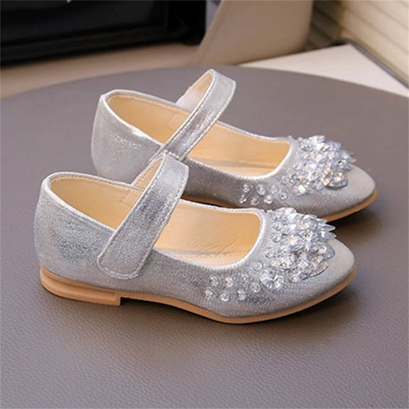 FSYBOA Girls Dress Shoes Size 11(Little Kids), Solid Color Casual Hook and Loop Strap Soft Soled Kids Princess Shoes Silver