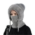 thumbnail image 2 of Fleece Lined Balaclava Winter Hat for Women Face Mask Beanie Windproof Hooded Scarf Plush Thermal Cold Weather Knit Outdoor Gray L, 2 of 4