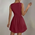 thumbnail image 4 of Women's Rib Knit Round Neck Frill Trim Flowy Shift Sleeveless Tank Mini Short Dress Wine M, 4 of 6