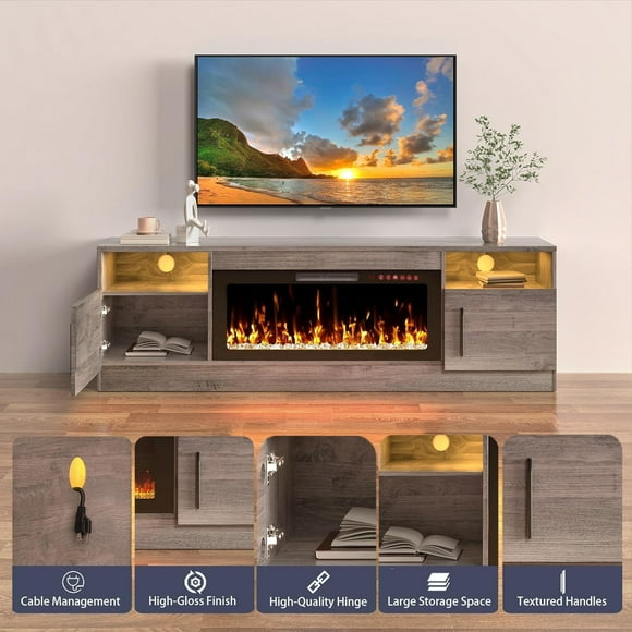 GloryStar TV Stand with Storage for TV up to 55", Modern Entertainment Center with Storage Cabinet, Fits 36" Electric Fireplace, Gray (Fireplace Not Included)
