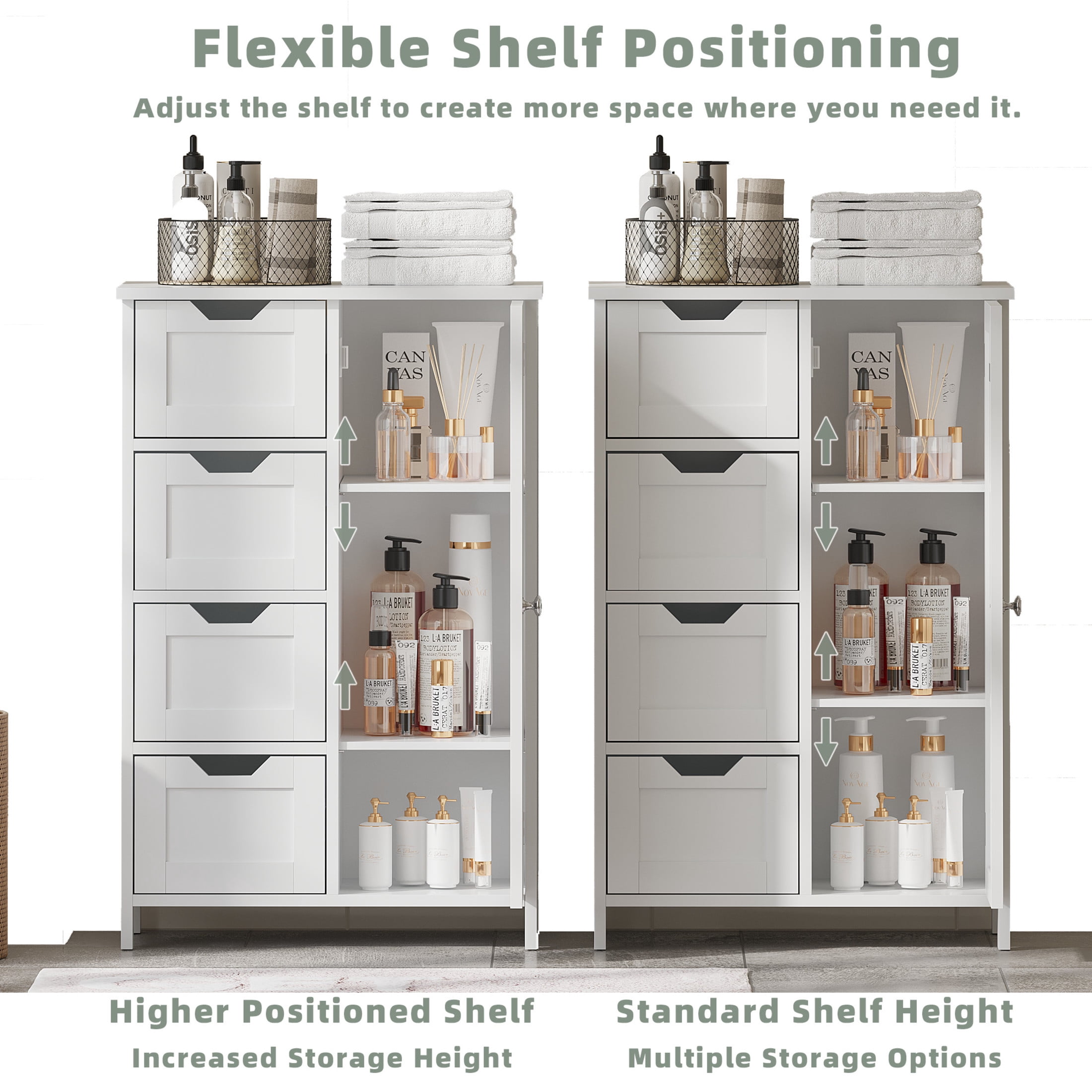 Noble House Nesta Bathroom Storage Cabinet with 4 Drawers, and Adjustable Shelf, Wooden Floor Organizer, White