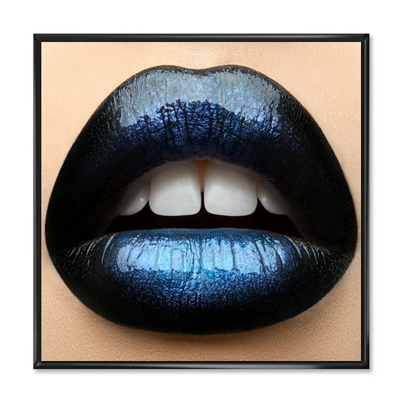 Designart 'Girl Lips With Black and Blue Lipstick' Modern Framed Canvas Wall Art Print