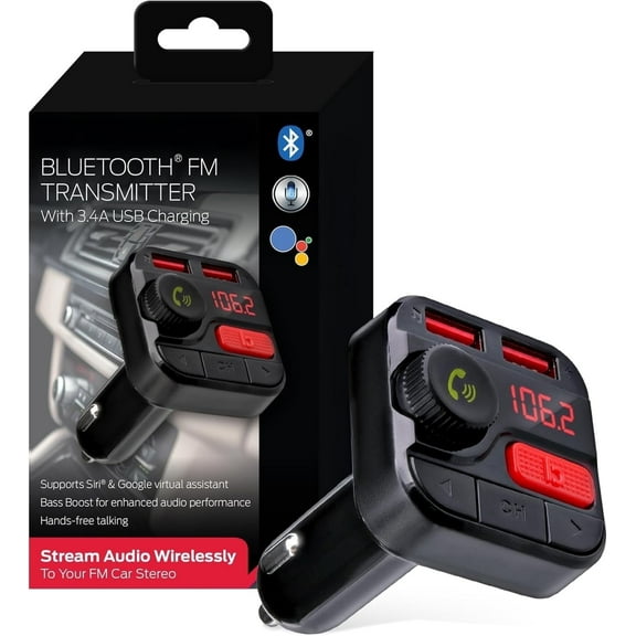 Monster Bluetooth FM Transmitter for Cars with 2 USB Ports, 3.4A , 7.9” x 2.8” x 2.2”, 0.25lb