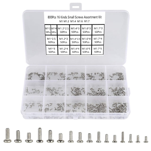 Paquete de 800 tornillos pequeños de cabeza plana Phillips 16 tipos M1 M1.2 M1.4 M1.6 M1.7 niquelados - Micro tornillos de reparación electrónica, tornillos pequeños, mini tornillos de máquina
