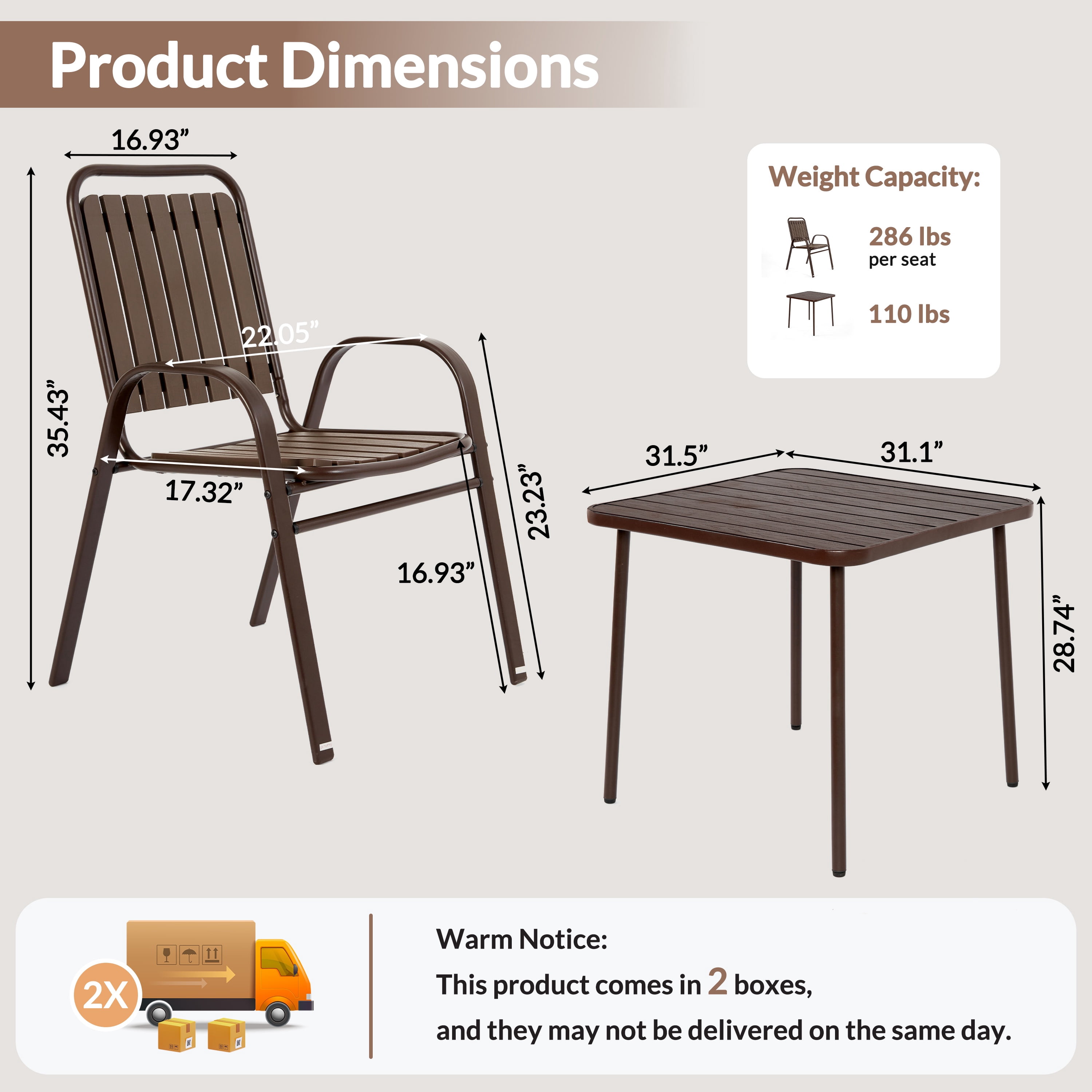 5 Piece Outdoor Dining Set, Patio Furniture Set with 4 Armrest Chairs and Steel Slat Table, All-Weather Conversation Set for Patio, Backyard, Deck, Poolside - Brown