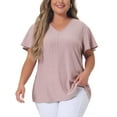 thumbnail image 1 of Blusa de manga acampanada de talla grande para mujer Agnes Orinda, escote en V, camiseta hueca de primavera y verano, 3X, color rosa, 1 of 6