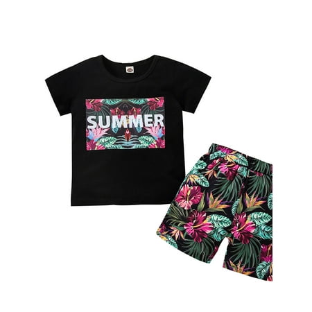 

Summer Beach Kids Baby Boy Clothing Short Sleeve Black T-shirt+Loose Shorts Holiday Casual 2pcs