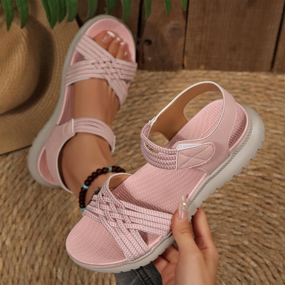 PiGOGI Women's Casual Woven Sandals Thick Sole Adjustable Strap Summer Comfortable Walking Shoes Breathable Beach Footwear Pink 9.5