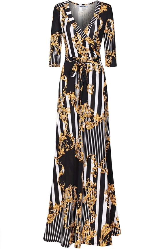 , Women's, Silky and Stretchy 3/4 Sleeve Deep V-Neck Floral Printed Maxi Faux Wrap Dress, Black Gold, L