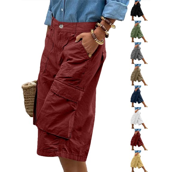 Wide Leg Capris Pants for Women with Pockets Plus Size Elastic Waist Women Solid Color Summer Casual High Waist Cargo Pants Gray XL