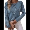 thumbnail image 2 of Suéteres de Punto de Larga con Cuello Redondo y Aberturas para Mujer, de Crochet, Holgados e Informales, con Lentejuelas. Azul M, 2 of 9