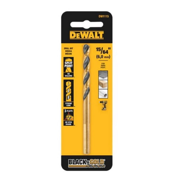 DEWALT DW1115 Jobber Drill Bit, 15/64 in Dia, 3-7/8 in OAL, Parabolic Flute, 15/64 in Dia Shank, Round Shank