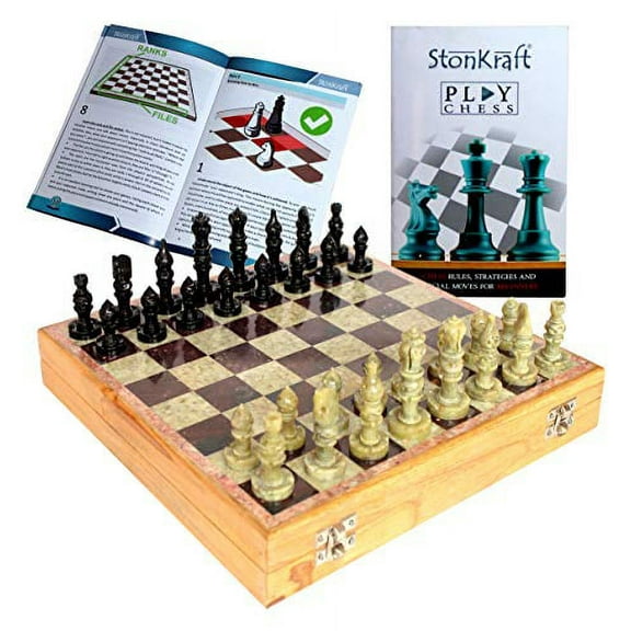 StonKraft - 10" x 10" Inches - Hand-carved Chess Board with Wooden Base & Stone Inlaid Work and Handcrafted Stone Chess Pieces