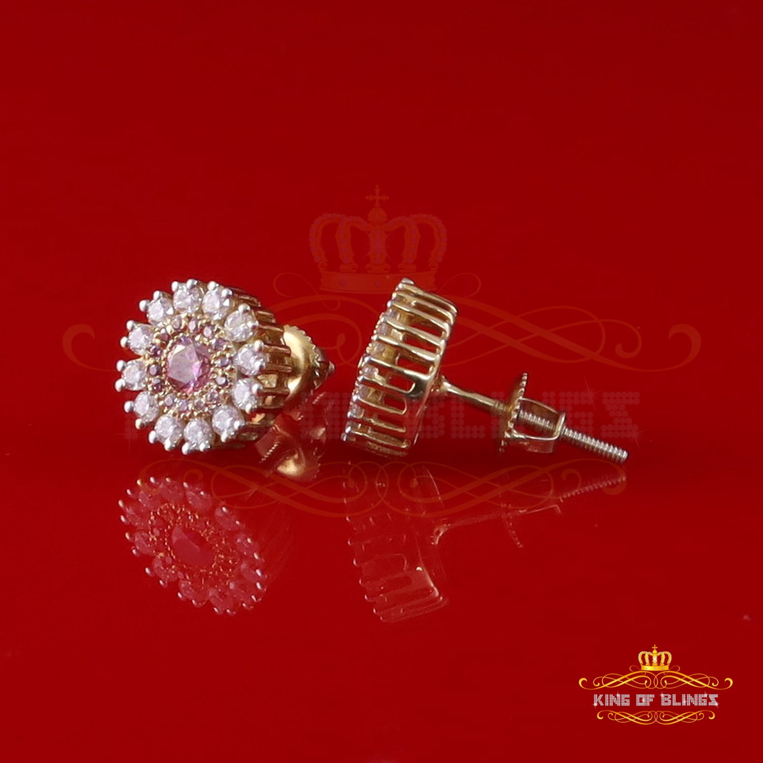 King of Bling's Men's/Women's 925 Silver Yellow 1.00ct VVS D Pink Moissanite Round Stud Earrings