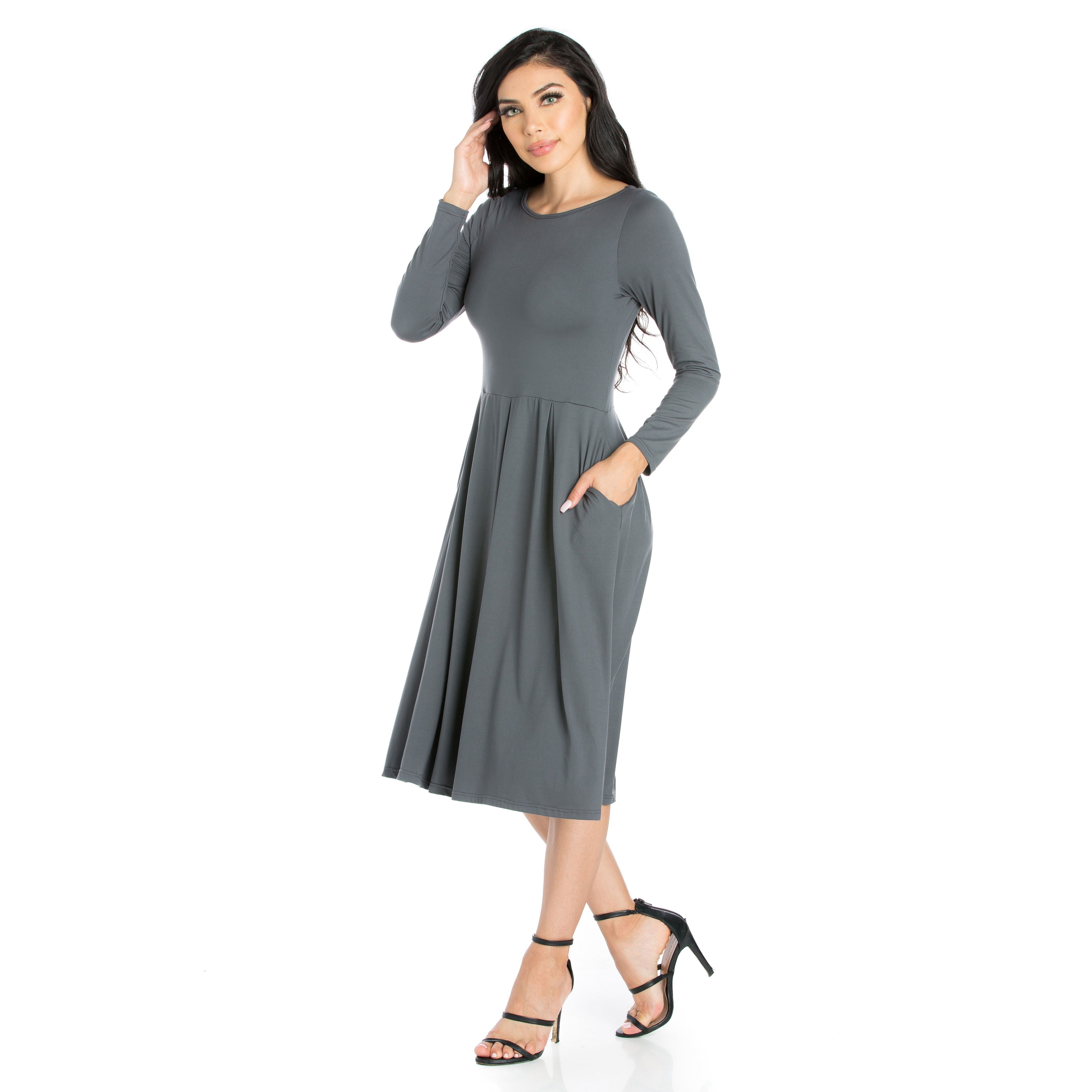 24/7 Comfort Apparel Women's Long Sleeve Fit and Flare Midi Dress
