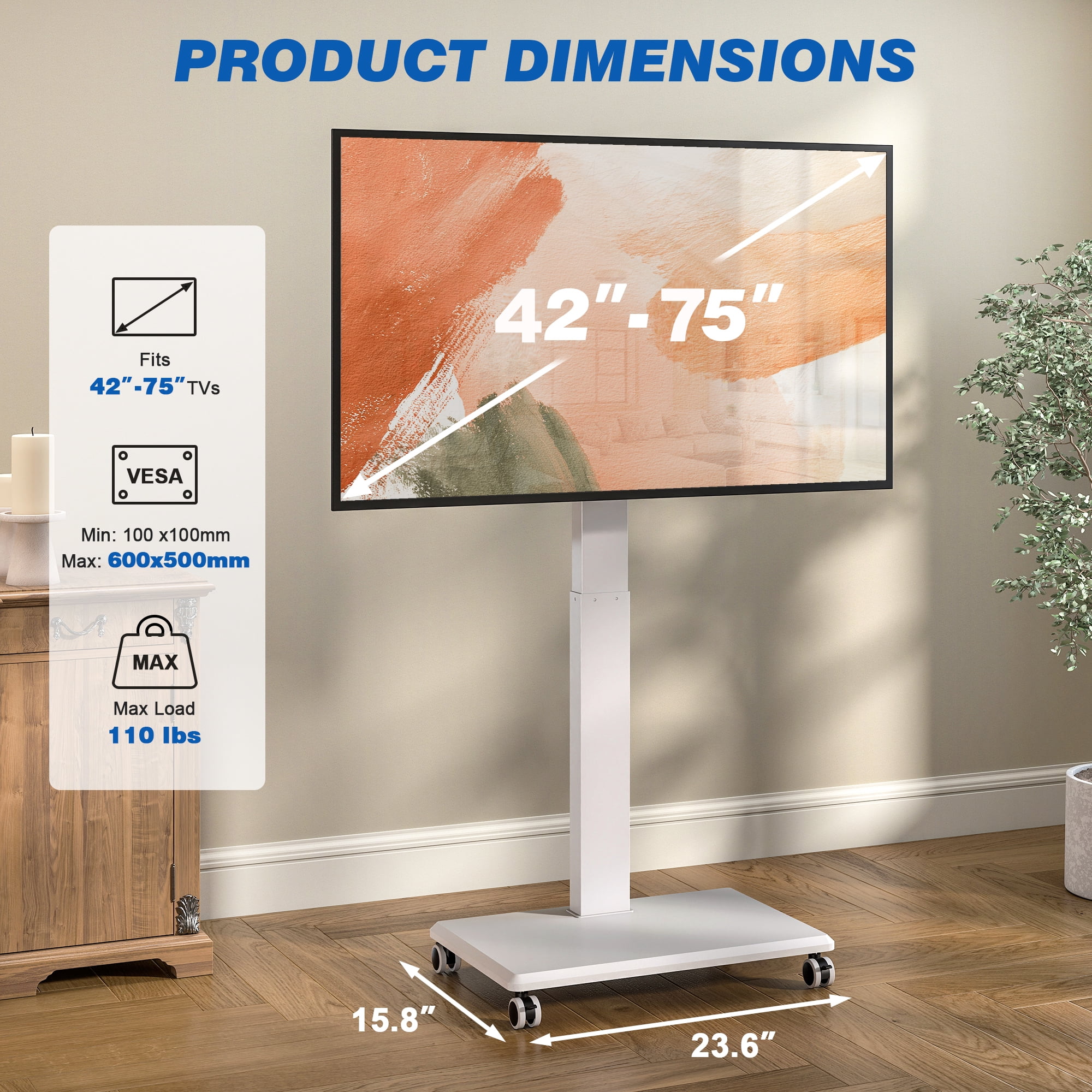 RTVR Mobile TV Cart Stand with Hand Crank Lift for 42-75 inch Screens, ±90° Rotation and ±5° Tilt Height Adjustable Swivel TV Stand with Wheels, White