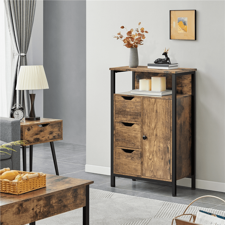 Small Narrow Rustic Cabinet w/Shelves & Drawers Whitewashed Wood w/Metal  Accents