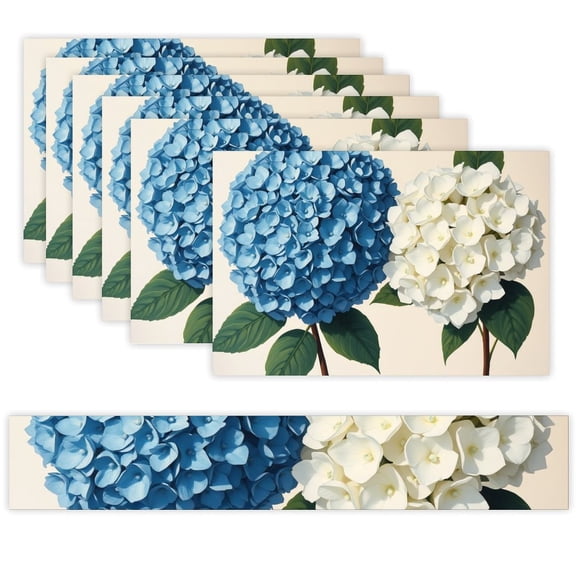 7 Piece Linen Table Runner and Placemats Set, Blue White Hydrangea Round Corner Heat Resistant Washable Table Mats for Home Kitchen Dining Party Decoration