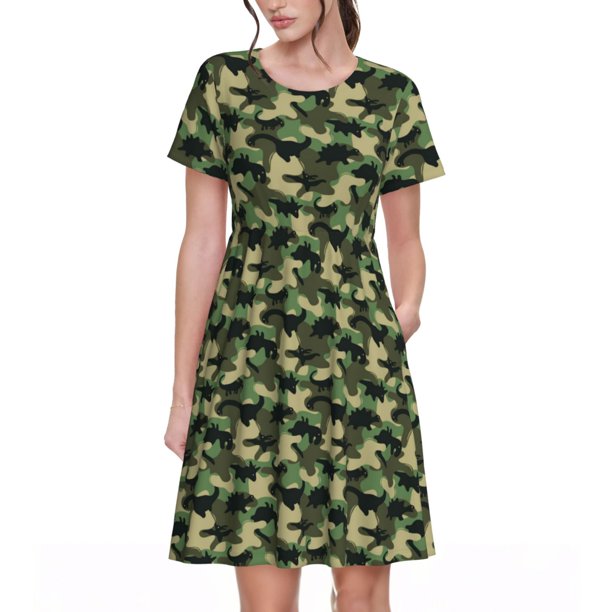 Easygdp Camouflage Dinosaur para Vestido Transpirable de Mujer, Vestido Suelto de Manga Corta con Pliegues y Bolsillos para el Verano