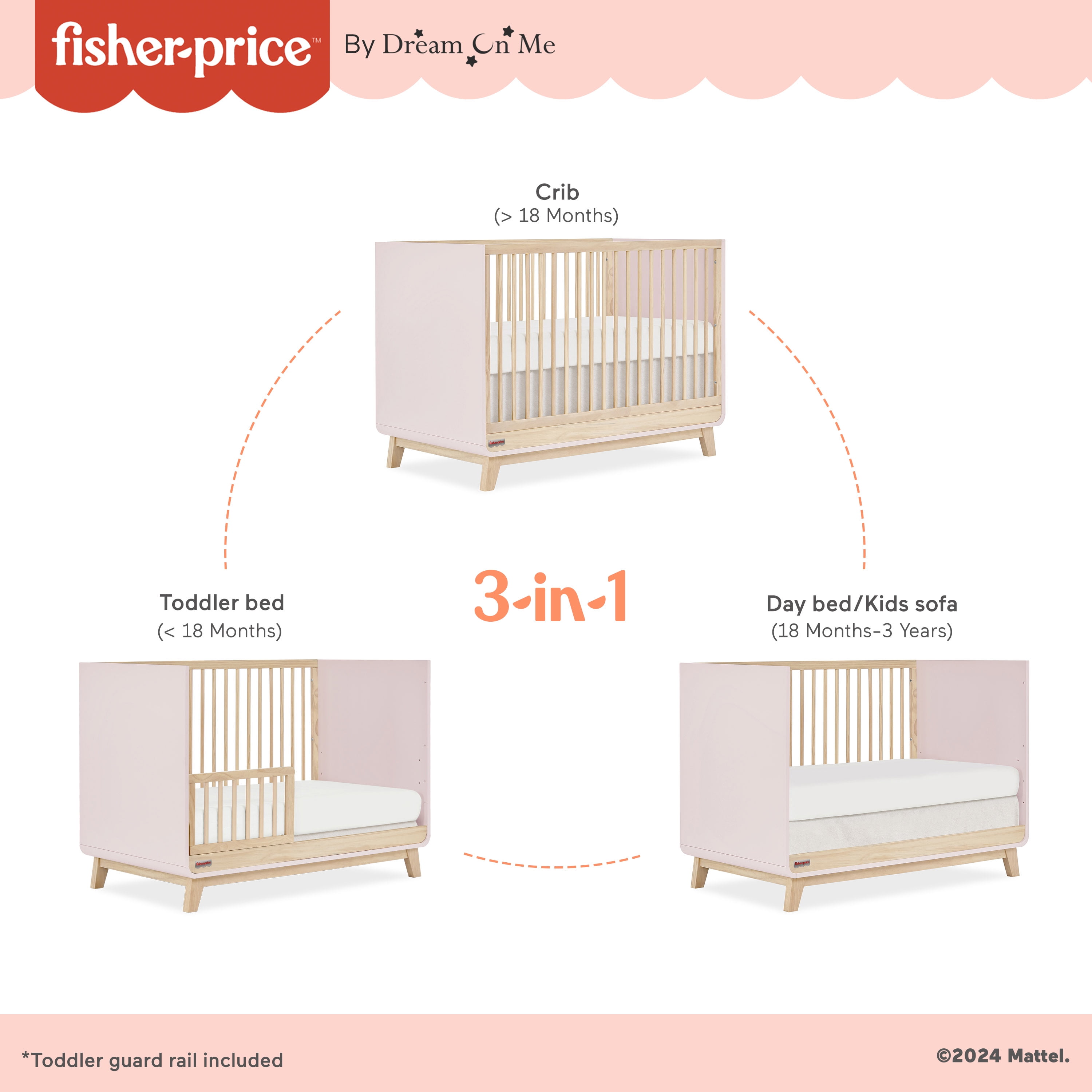 Fisher Price Siesta 3-in-1 Convertible Crib by Dream On Me, Blush Pink