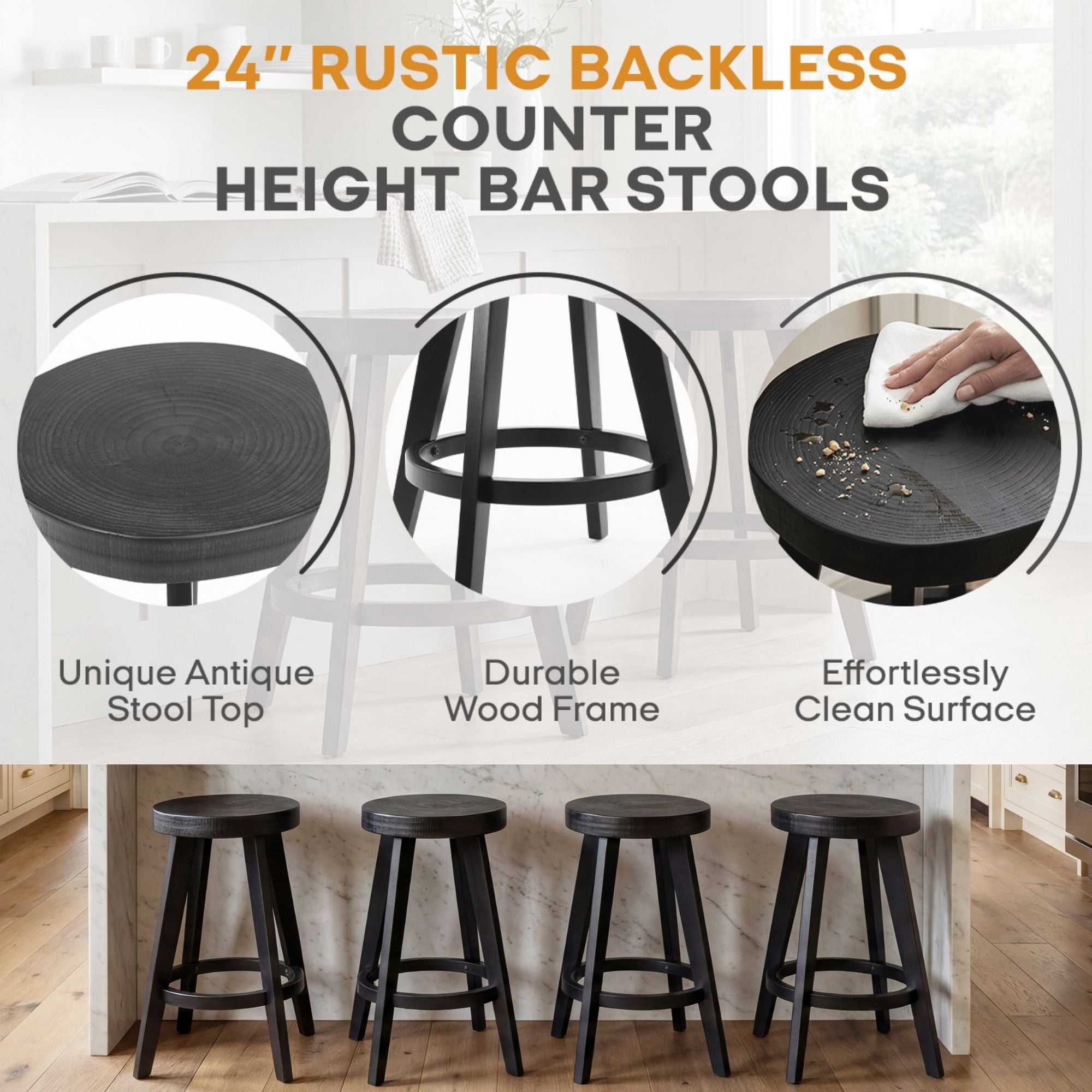Dayalane 24" Backless Bar Stools Set of 4, Rustic Farmhouse Counter Height Stool with Live Edge Tree Ring Seat, Wooden Barstools for Kitchen Island Bistro Bar and Home Dining，Black