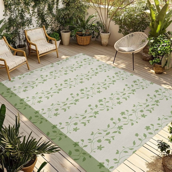 Green Floral Outdoor Rug for Patio/Deck/Porch, Non-Slip Large Area Rug 6 x 9 Ft, Spring Flowers Indoor Outdoor Rugs Washable Area Rugs, Reversible Camping Rug Carpet Runner