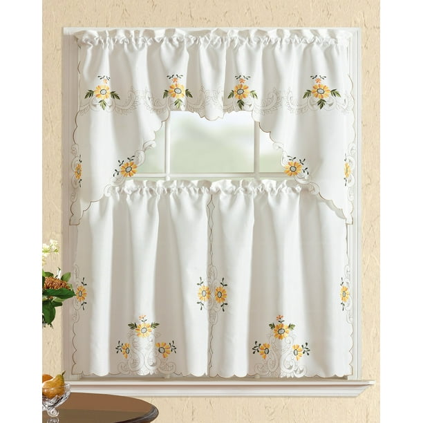 All American Collection Modern Embroidered 3pc Kitchen Curtain Set With ...