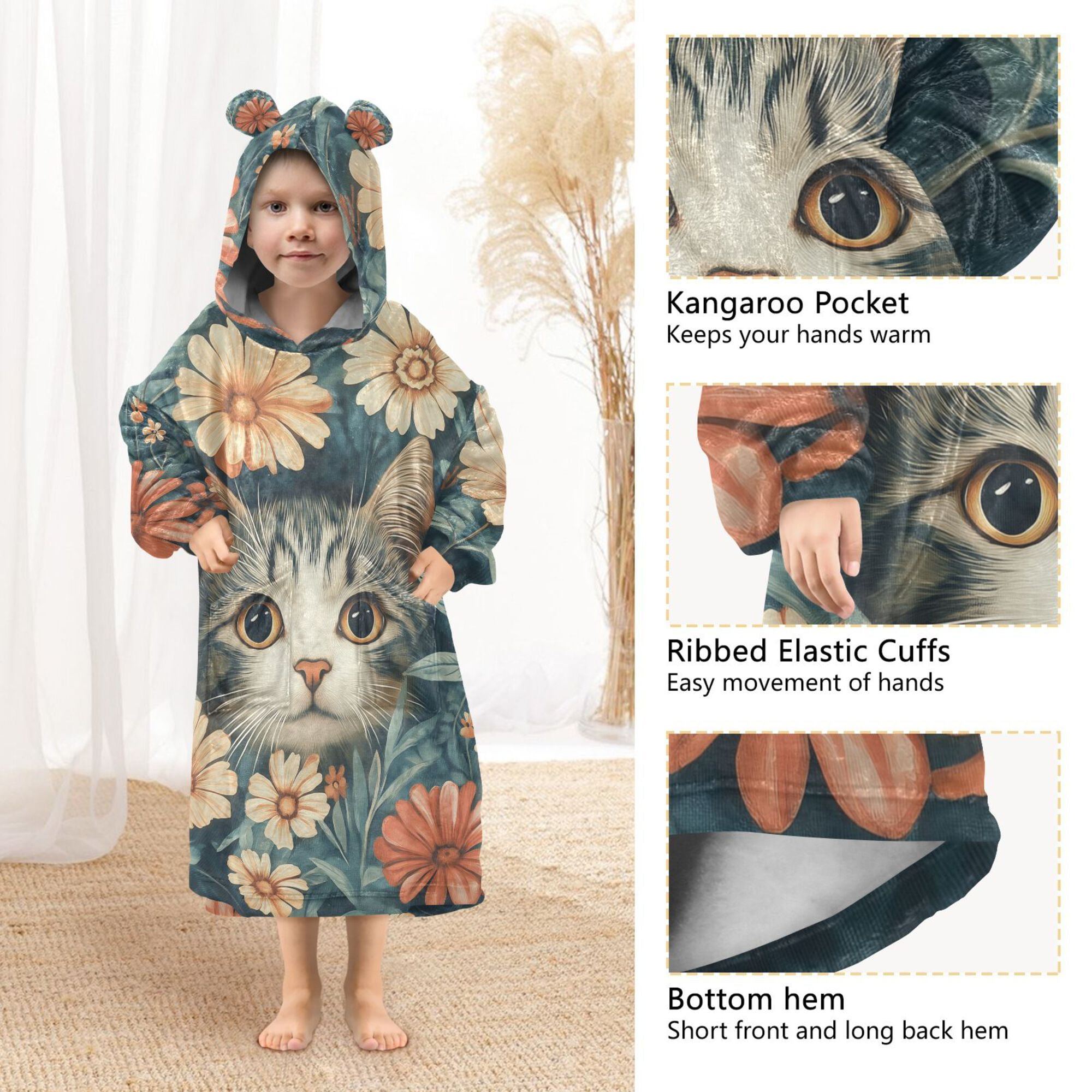 FORMRS Wearable Blanket Hoodie with Sleeves for Kids Cozy Flannel Sweatshirt, Flowers Cat