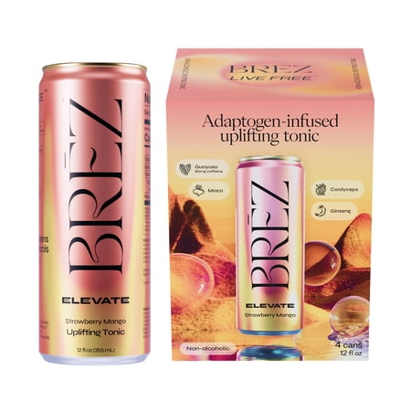 Brez ELEVATE Functional Energy Focus Motivation Drink - 80mg natural caffeine from - Mushrooms Adaptogens Nootropics - Vegan Lightly Sparkling Strawberry Mango 12 fl oz 4 Pack