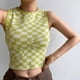 thumbnail image 4 of Marrón M Camiseta sin mangas de lana con cuello redondo y estampado irregular a cuadros a la moda europea y americana en contraste, 4 of 8