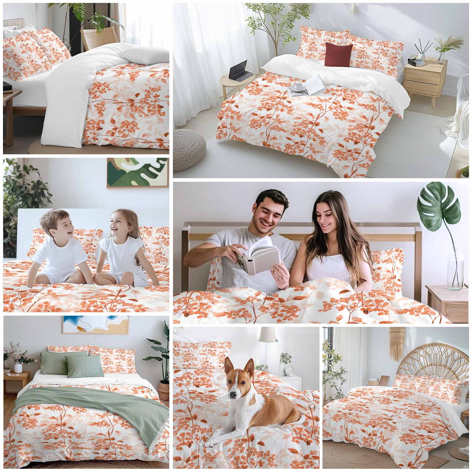 Burnt Orange Botanical Bedding 3 Piece Duvet Cover Set Full Size, Vintage Nature Flower Soft Microfiber Comforter Cover with Zipper Closure & Pillowcases, Wrinkle & FadeResistant Quilt Cover