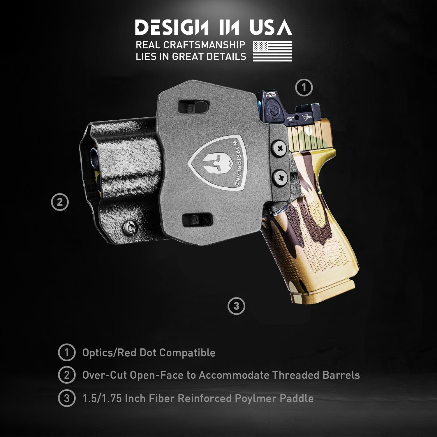 OWB Kydex Paddle Holster, For Glock 23 gen 1 2 3 4 5 pistol, Optics Cut & Adj. Cant, Left Hand