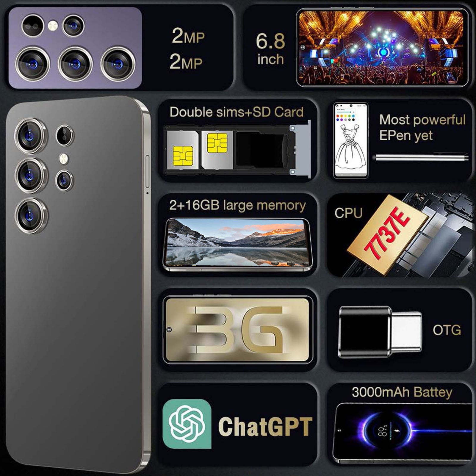 HOMBOTI Cell Phone Clearance Unlocked Phone Smartphone With Android Memory 2GB+16GB 6.8Inches 3G SC7731E Quad-Core CPU Front Camera2MP + Rear Camera 2MP