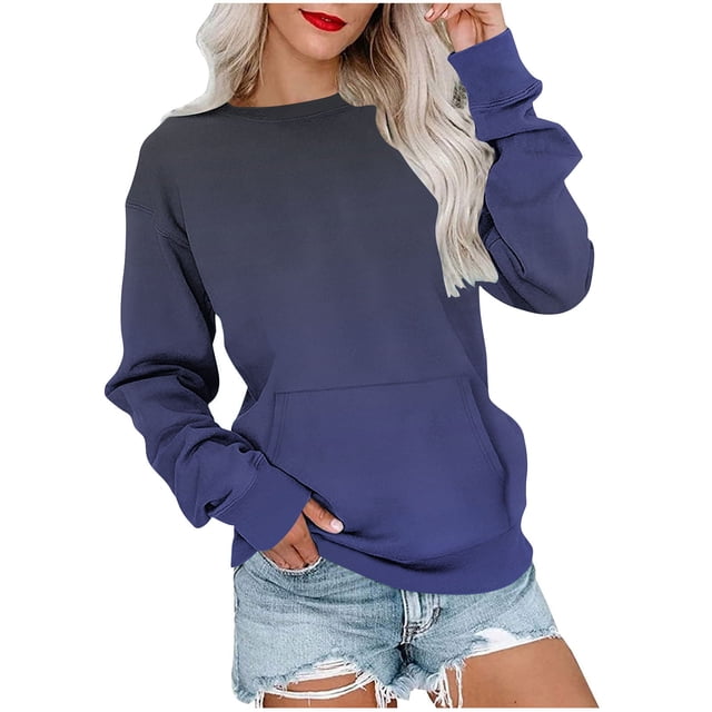 Dagugfen Chemises à Manches Longues pour Femmes Chandail Dégradé Col Rond Ample Vêtements d'Automne Tendance Confortables Chandails en Molleton